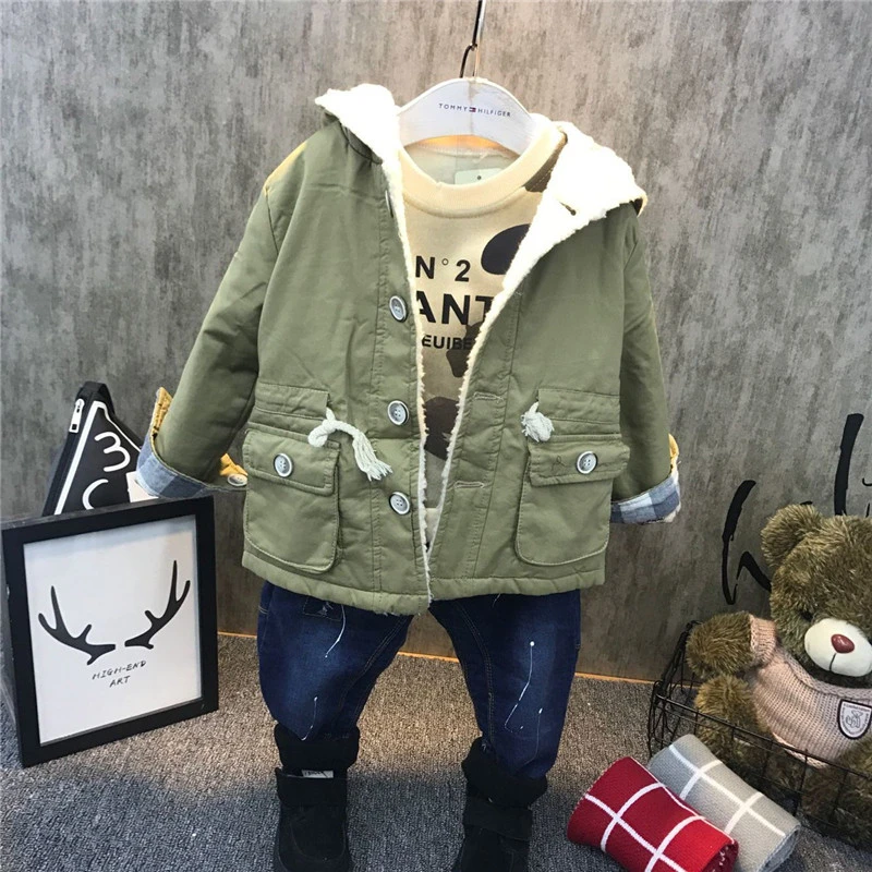 Комплекты одежды для маленьких мальчиков 2, 3, 4, 5, 6 лет, вельветовое пальто, плотная рубашка с длинными рукавами и джинсы, зимние детские куртки из 3 предметов, высокое качество - Цвет: 3pcs