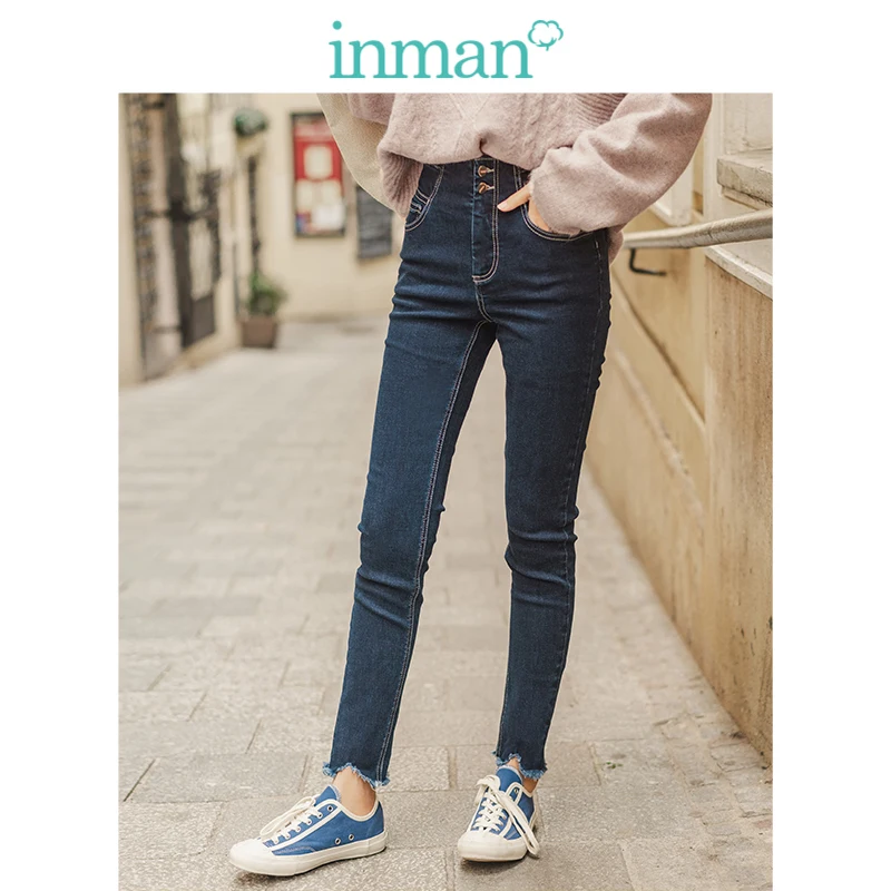 INMAN осень 2019 Новое поступление Модные узкие джинсы с высокой талией темно - синие