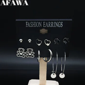 

6 Pair 2020 Fashion Bulldog Stainless Steel Earings Set for Women Silver Color Earring Set Jewelry boucle d oreille E612857