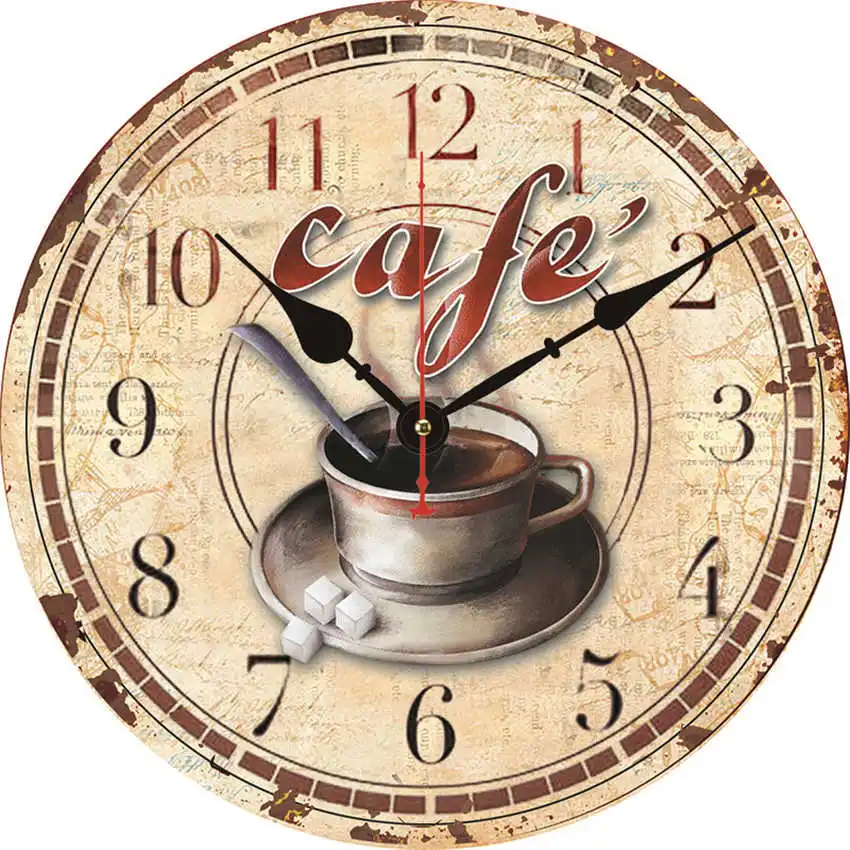 Kitchen Clocks Shabby Retro Non-Ticking Silent Quiet Wall Clocks Shop Cafee Bar Wall Watch Cappuccino Cafee Antique Wall Watch