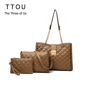 

TTOU 3 pcs/set Quality Leather Soft Handbag Sets Diamond Lattice Shoulder Bags for Women Casual Tote Set Clutch Feminina