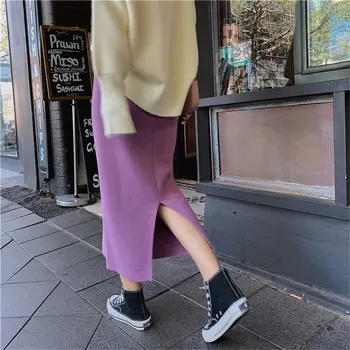 

HziriP New Women Gentle Split Solid Knitted Skirts 2020 High Waist Chic Streetwear High Quality All-Match Loose Skirt Female