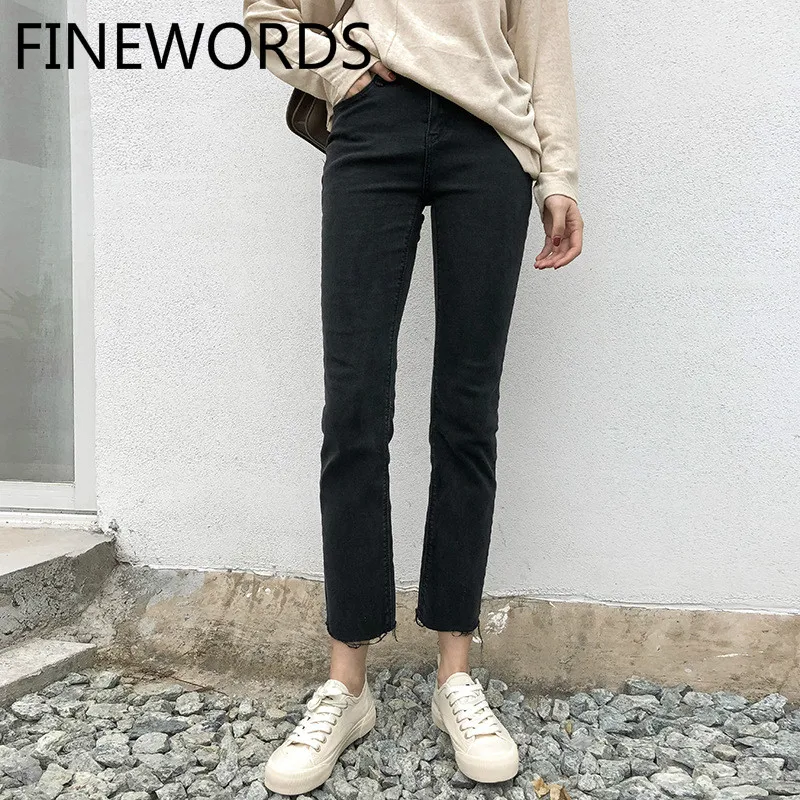 FINEWORDS, новинка, корейский стиль, джинсы с высокой талией, винтажные, повседневные, черные, обтягивающие, облегающие, прямые, джинсовые брюки Харадзюку, женские