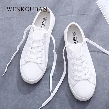 

White Canvas Sneakers Women Flats Vulcanize Shoes Casual Ladies Trainers Winter Lace-Up Sneakers Femme Zapatillas Mujer 2020
