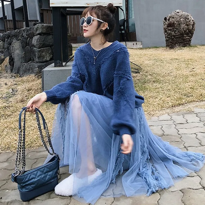 ZAWFL Women 2020 Spring Autumn Elegant Pullover Sweater + Pleated Skirt 2 Piece Set Female Knitted Tops And Mesh Slim Suit |