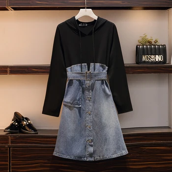 

plus size 2020 Spring Woman 5XL Dress Hooded Drawstring Black cowboy Patchwork Belt Pockets Button A-line Fashion Loose Dress