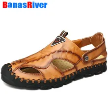 Повседневные мужские мягкие сандалии с открытым носком; удобная дышащая кожаная Летняя Пляжная обувь на плоской подошве в римском стиле; большие размеры 38-46