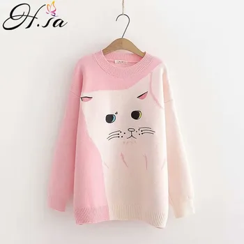 

H.SA 2019 Autumn Winter Women Knitted Pullover and Sweaters Kawaii Cat Embroidery Pink Cute Sweaters Warm manteau femme hiver