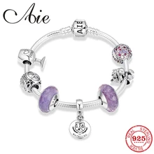 925 пробы серебряный шарм браслет со светом c фиолетовыми стеклянными бусинами Для женщин свадебные Винтаж ювелирные изделия браслет, ювелирные изделия