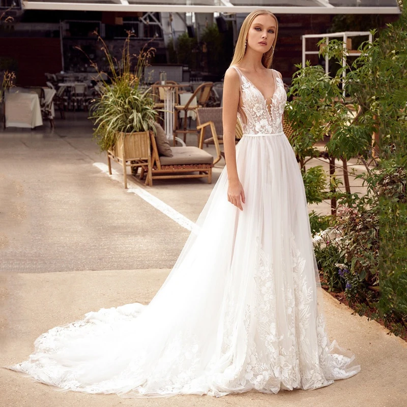 Sexy Deep V Neck Lace Princess Beach Wedding Dress