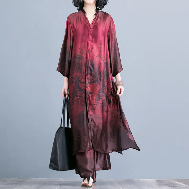 

Two Piece Set Summer Women Printed Pants Set Print O Neck Button Long Irregular Shirts Elastic Waist Wide Leg Pants Sets
