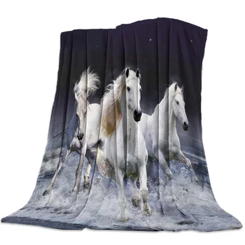 

Flannel Blankets White Horse Sky Sea Blanket Cushion Warm Throws on Sofa Bed Home Bedspread Travel Fleece Blanket