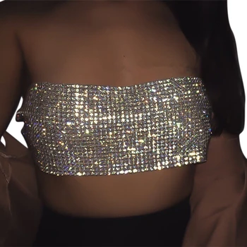 

Anself Sexy Women Sequin Crystal Diamonds Boob Tube Tops Party Accessories Metal Strapless Rhinestone Bra Summer Crop Top