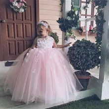 Детское Розовое Бальное Платье, Платья с цветочным узором для девочек платье для дня рождения с прозрачным вырезом и объемной аппликацией для девочек Пышное праздничное платье из тюля для детей праздничная одежда
