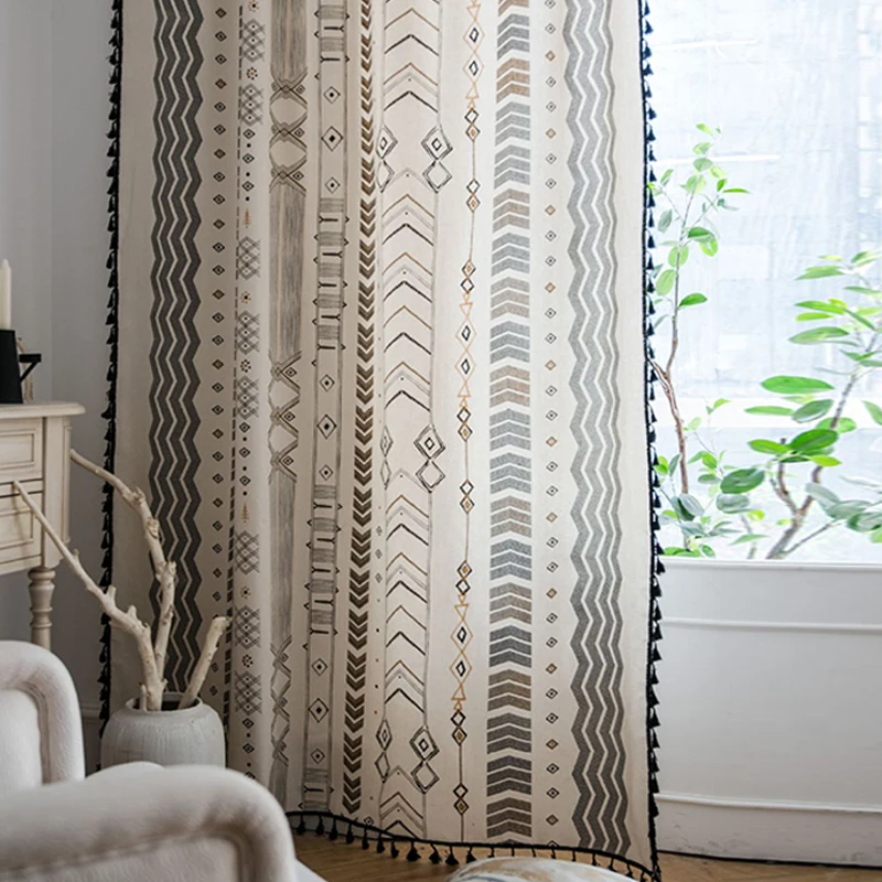 

Country Style Bohemian Cotton Linen Curtains For Living Room Bedroom Windows Curtains Simple Tassel Boho Kitchen Curtain
