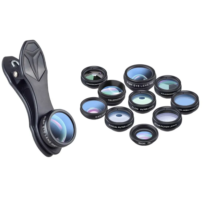 

10 pcs Universal Phone Lens Kit Fisheye Wide Angle Lens Kaleidoscope Filter Telescope Lens For Smartphone