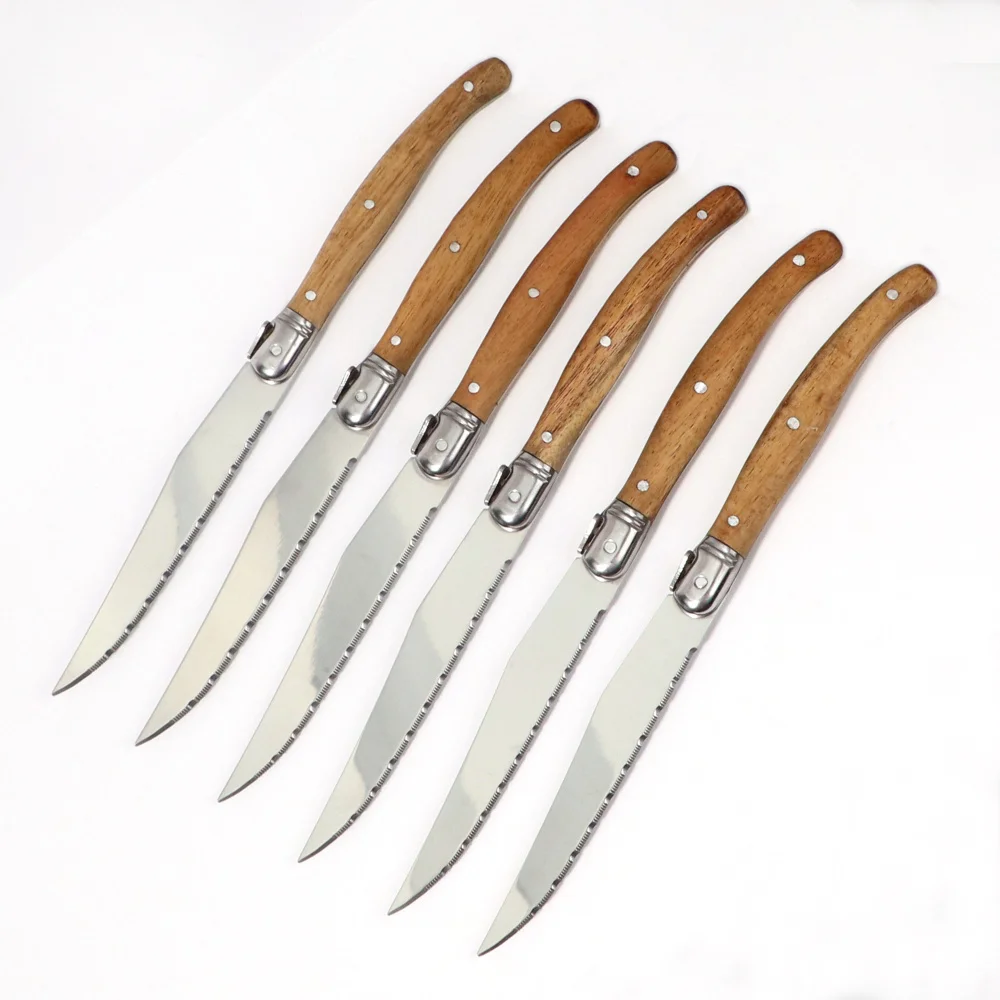 FOUR KNIVES) STEAK KNIFE WOOD HANDLE S/S SERRATED EDGE POINTED TIP/ RESTAURANT