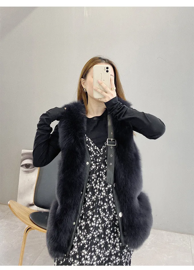 Real Natural Fox Fur Coat For Women Luxurious Warm Fashionable Sleeveless Dark Buckle Jacket High Quality New Winter 2021 black down jacket