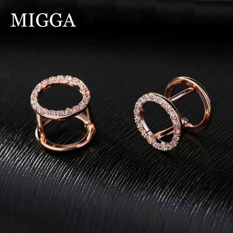 

MIGGA Micro Paved Cubic Zircon Round Stud Earrings Rose Gold Color Double Sided Earrings for Women