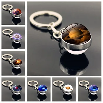 

Cosmic Galaxy Planet Time Stone Metal Keychain Double-sided Glass Ball Charm Keychain Keyring Creative Couple Jewelry Best Gifts
