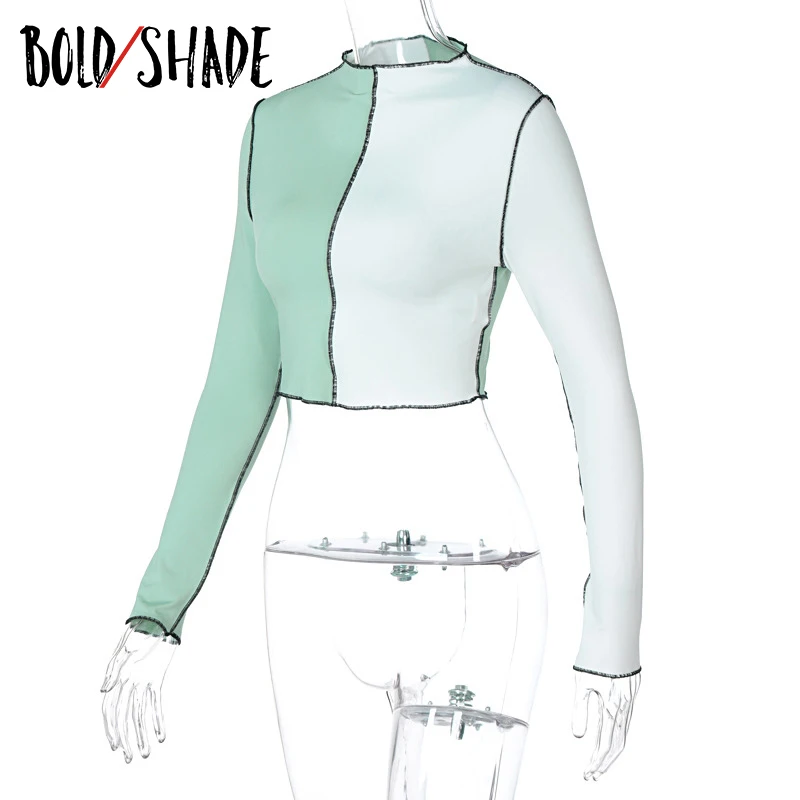 Bold Shade 90s Vintage Indie Aesthetic Crop Top Patchwork Long Sleeve Fashion Streetwear T Shirts Women Skinny Grunge Autumn Tee