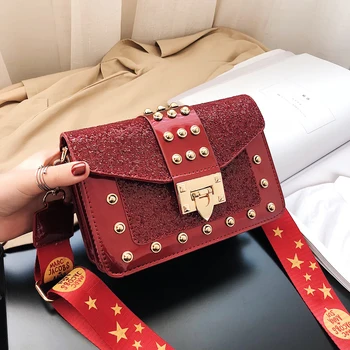 

Fashion Purse Women's Shoulder Bag Rivet Messenger Crossbody Bags For Women Sequins Small Flap Black Red Women Bag