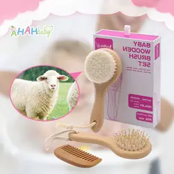 3pcs/Set Custom Logo Newborn Goat Baby Hair Brush Soft Wool Wood Hair Brush and Comb Set for Baby Hair with Gift Box