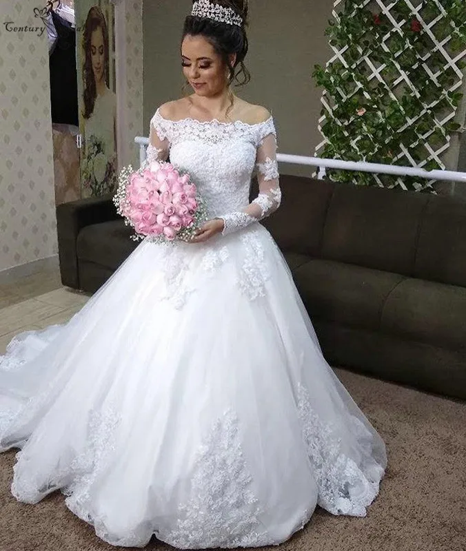 Vestido De Noiva, свадебные платья принцессы, бальное платье с длинными рукавами, вырез лодочкой, Дубай, белые свадебные платья, кружевное свадебное платье