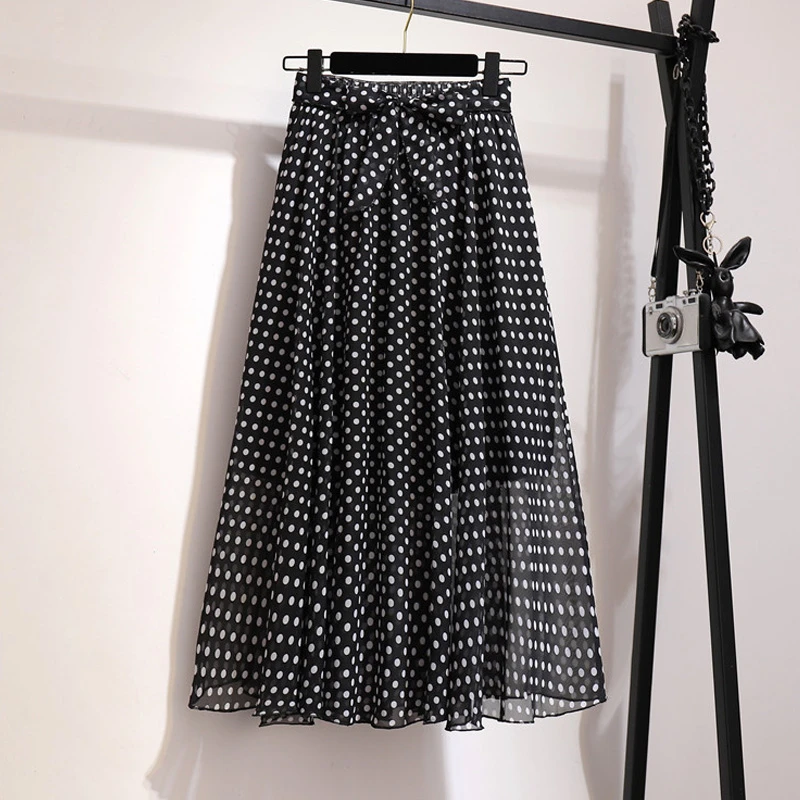 Falda Midi de gasa lunares para falda larga plisada de cintura alta con cinturón a la moda, bohemio, color blanco y negro, primavera y - AliExpress