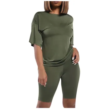 

Women Sports Two-Piece Set 2020 Summer Casual Soft Comfty Cotton Shirt Solid Slim Short Sleeve Shorts