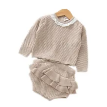 Модная одежда для маленьких девочек рубашки с длинными рукавами вязаный свитер+ шорты, комплекты для детей, весенне-осенние свитера одежда для малышей вязаный комплект