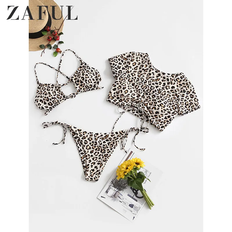  ZAFUL Leopard Cinched Cutout Tie Three Piece Swimsuit Bikini