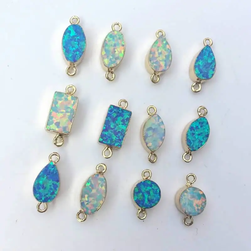 

5PCS Man-made Opal Rectangle Circle Teardrop Oval Gold Frame Double Head Necklace Charm Pendant Bracelet Jewelry Making