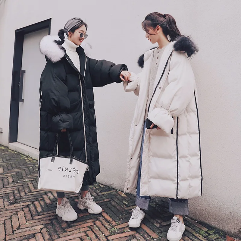 

Photo Shoot Black And White Selvage Hooded Large Fur Collar over-the-Knee Long down Coat Women's Large Quilt-Thick Cotton-padded