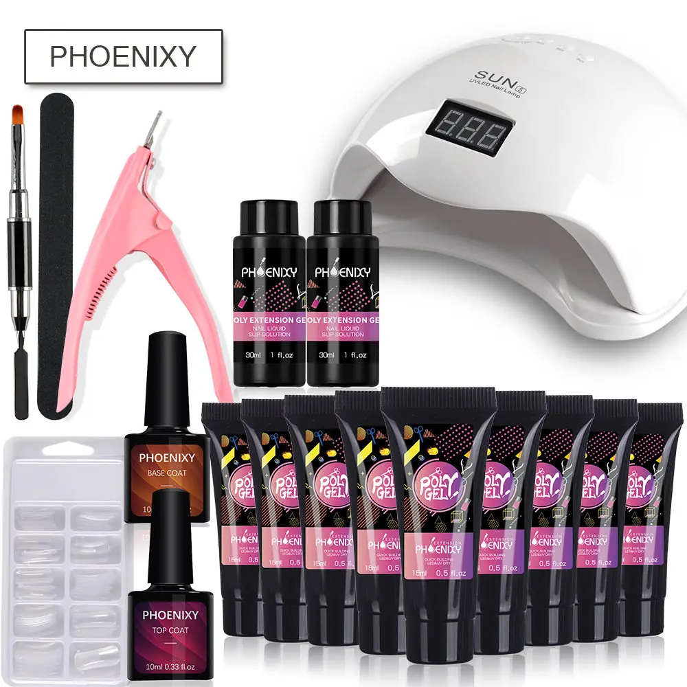 Preise Polygel Nail Kit Nail Set 48W Uv Led Trockner Lampe Für Semi Permanent Lack Kit Weg Tränken Nagel Kunst werkzeuge Maniküre Set Polygel Kit