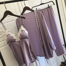 Набор женских халатов, 3 предмета, атласная ночная сорочка, шелковая Домашняя одежда, домашняя одежда с вышивкой, домашний халат для сна, нагрудники