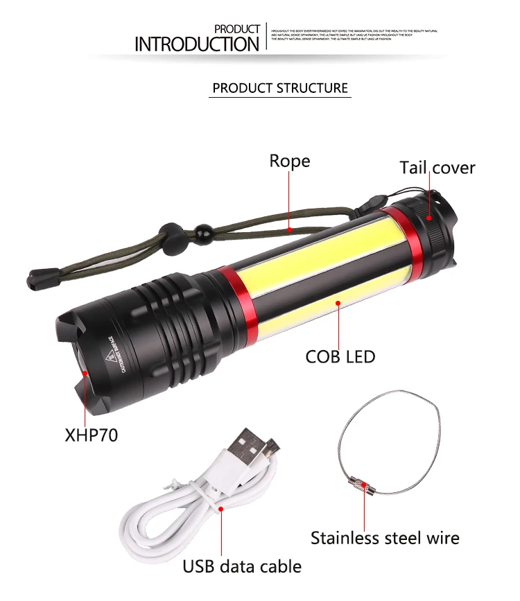Яркий XHP70+ COB светодиодный светильник-вспышка 7 режимов, светильник-вспышка, перезаряжаемый зум, водонепроницаемый фонарь, встроенный 7200 мАч для кемпинга