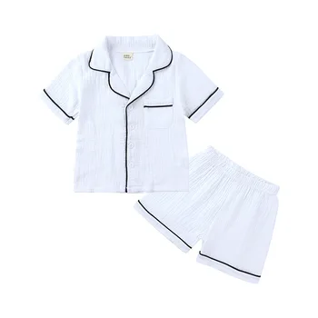 

DALEMOXU Children Pajamas Suit Short Sleeve Blouse Tops+Shorts 2pcs Kids Soft Cotton Linen Baby Pajama Sets Boys Girls Sleepwear