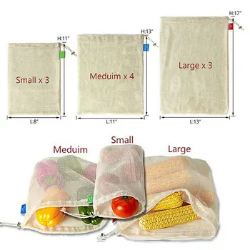 

10pcs Organic Cotton Shopping Storage With Drawstring Reusable Vegetable Organizer Mesh Bag Washable Travel Produce Home Toys