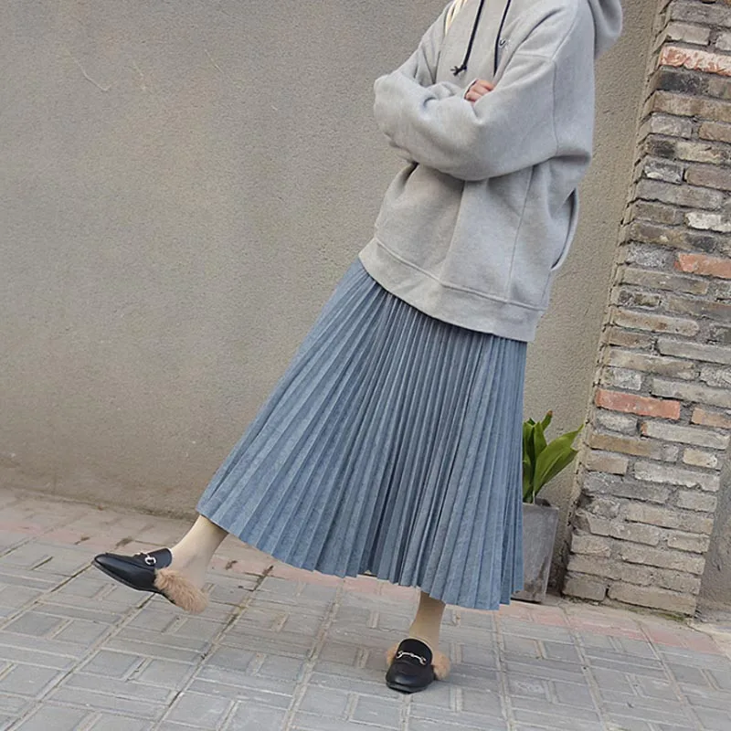 Двухслойная осенне-зимняя женская замшевая юбка, длинная Плиссированная юбка для женщин, s Saias Midi Faldas, винтажная Женская юбка - Цвет: Blue gray