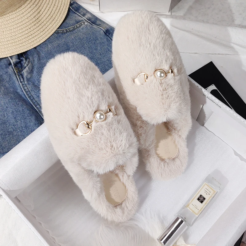 Winter Women House Slippers Faux Fur Fashion Warm Shoes Woman Slip on Flats Female Slides Black Pink cozy home furry slippers