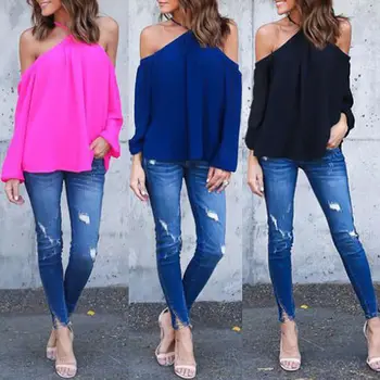 

2016 New Fashion Womens Halter Off Shoulder Casual Loose Long Sleeve Shirts Chiffon Tops Blouse