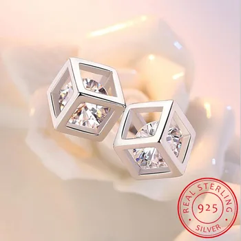 

925 Sterling Silver Love Cube Square Brincos Oorbellen Boucle Luxury Brand Jewelry Women Earrings Stud Earing