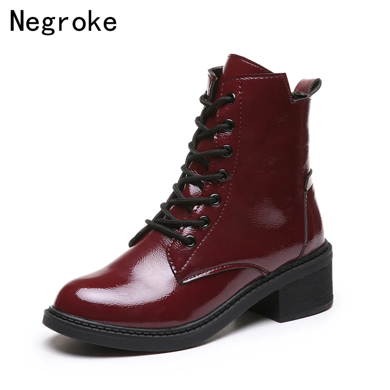 

2019 New Autumn Winter Shoes Women Block Low Heel Boots Patent Leather Lace-up Women's Boots Woman Ankle Botas