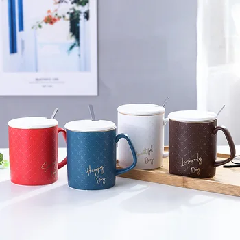 

Fashion and Creative Nordic Styles Relief Antique Pattern Ceramic Mug Office Coffee Cups for Boys and Girls with LIDS and Spoons