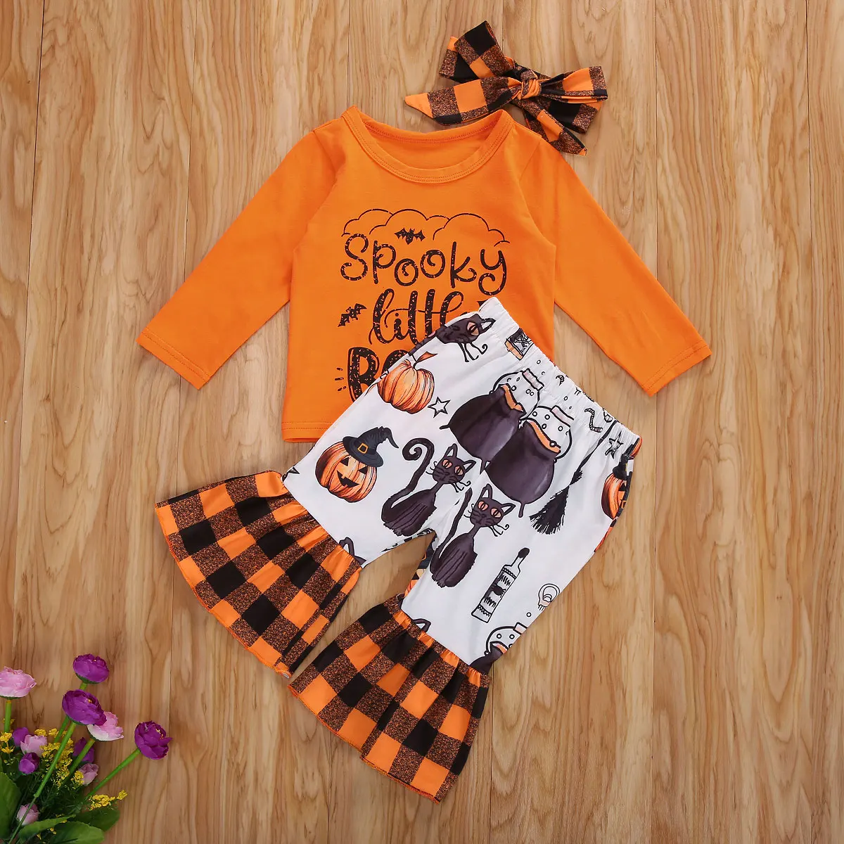3PCS Halloween Toddler Baby Boys Girls Clothes Long Sleeve T shirt Print Plaid Flare Pant Headband Outfits Festival Costume 0-3T