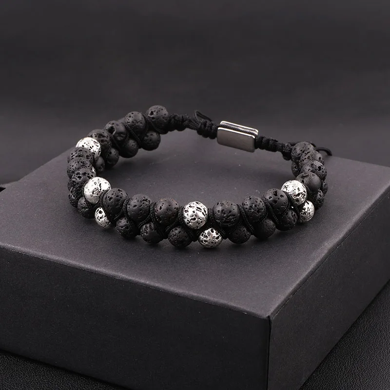 New Fashion Vintage Gold Silver Plated Volcanic Lava Stone Double Layer Beads Braided Bracelet Men Women - Image 3