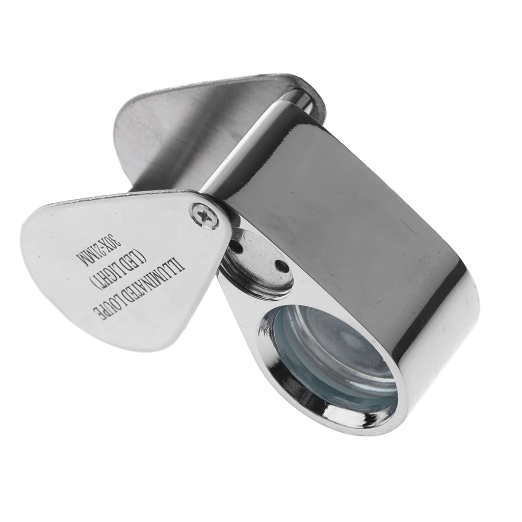 

30X Illuminated Jeweler LED Lens Loupe Magnifier with Metal Construction and Optical Glass (30 X 21mm, Silver)