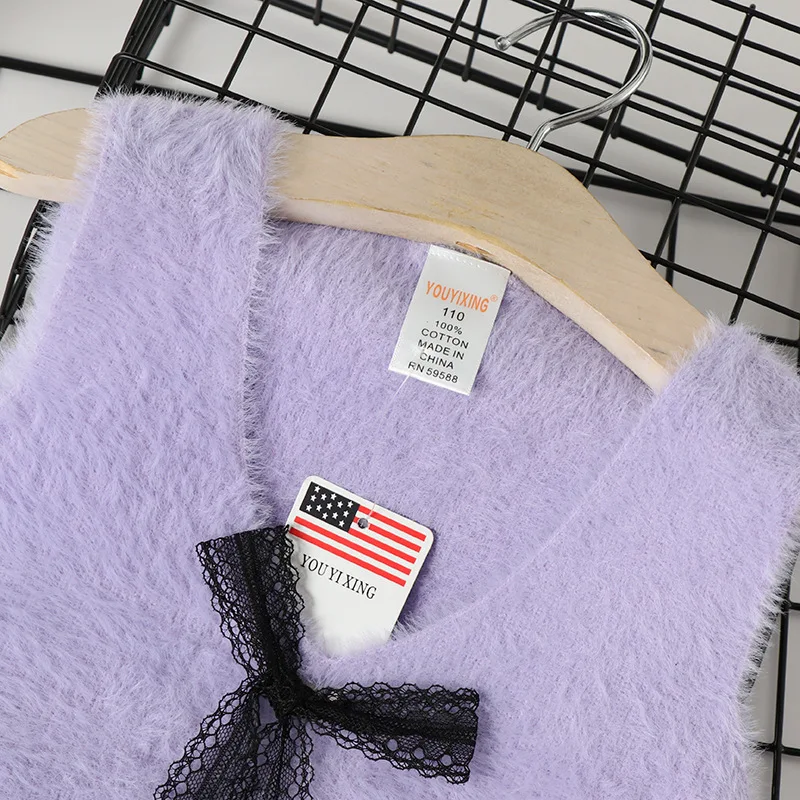 

19 Years Spring And Autumn New Style Girls' Sweater Vest Mink Cashmere Children Bow Knitted Children V-neck Casual Vest