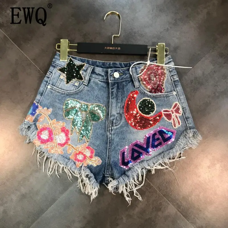 [EWQ] Новое поступление, джинсовые шорты с вышивкой в виде Луны, звезд, пайеток и кисточкой, модные женские шорты ME670